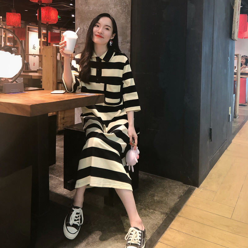 【闭店清仓】条纹polo领连衣裙女2022秋复古撞色宽学院风直筒长裙