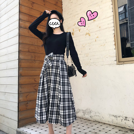 【闭店清仓】格纹拼接针织连衣裙女2022秋冬法式复古优雅伞裙长裙