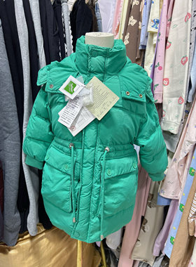 2025冬糖C男女中小童90-140码收腰中长款绿色带帽羽绒服