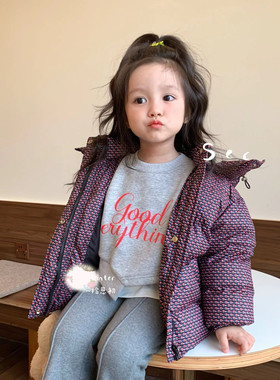 2025冬拾恩初女小童80-120码可爱碎花色带帽百搭羽绒服外套