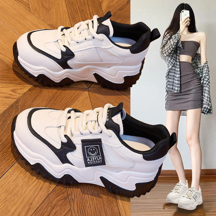 厚底增高老爹鞋女款2024秋冬新款真皮休闲运动鞋女百搭潮松糕女鞋