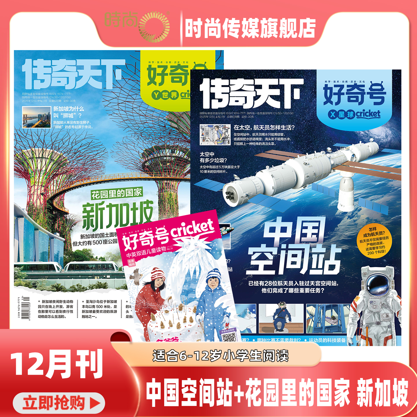 2025年1-12月【12期 中国空间站+花园里的国家 新加坡】好奇号杂志2026年1月起订阅打包 科学少儿科普 中英双语 7-12岁