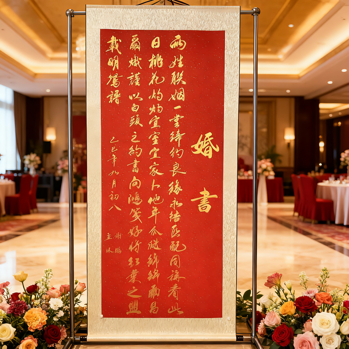 手写婚书卷轴大订婚书宴下拉中式聘书送日子婚庆布置挂画书法定制