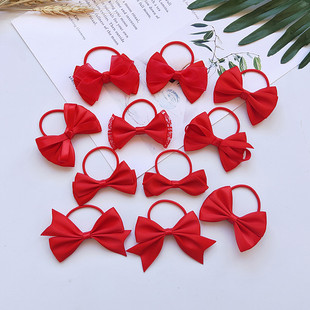 手工缎带中国红色蝴蝶结发饰小女孩雪纱发绳女童可爱发圈绸缎