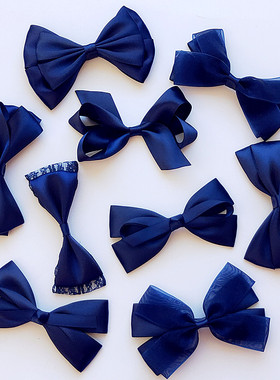 藏青色手工缎带蝴蝶结发夹小女孩深蓝色雪纱发卡韩版时尚成人发饰