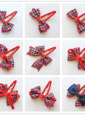 女童深蓝红色蝴蝶结格子学院发卡女孩刘海夹包布宝宝边夹格子BB夹