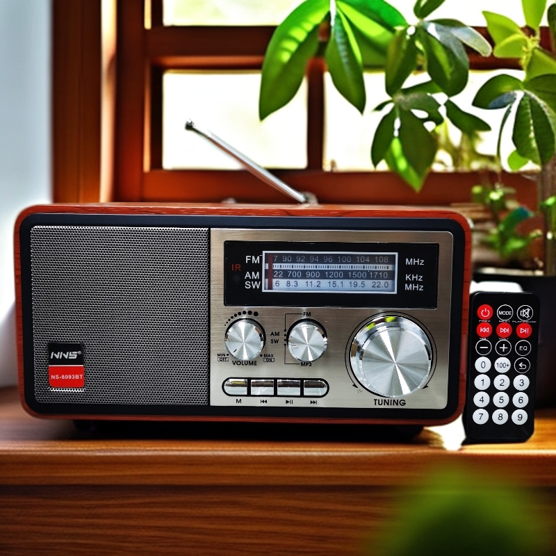 出日韩复古怀旧台式收音机木制蓝牙插卡音箱充电摇控调频中波短波