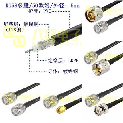 RF射频TNC/SMA/N/BNC/UHF-JJ公转公同轴信号转接跳线RG58纯铜50欧