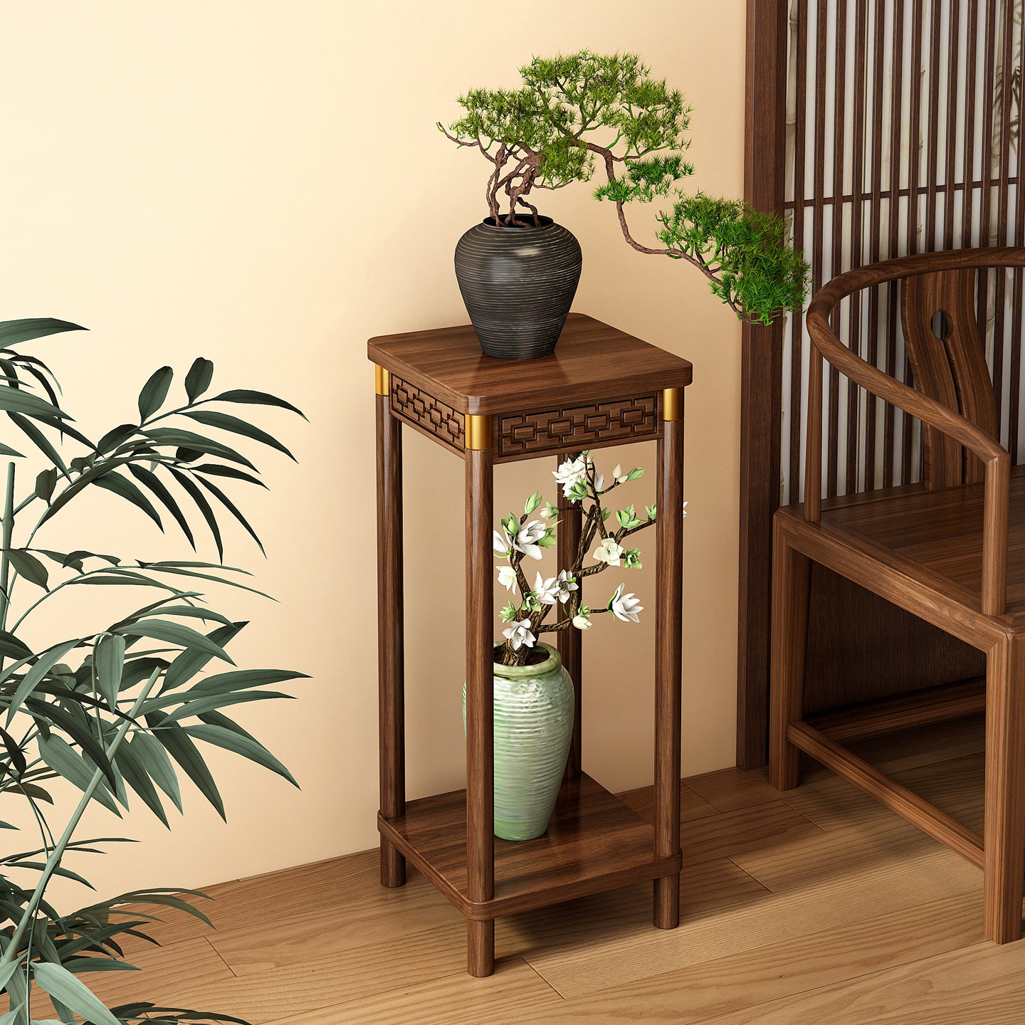 中式花架子客厅落地式置物架实木碳化花台绿植花盆奇石鱼缸摆放架