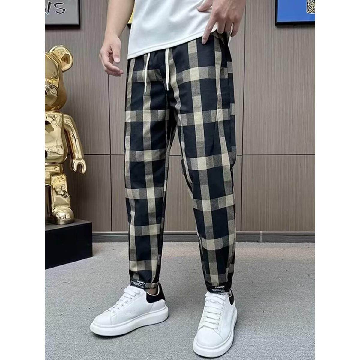 痞帅网红潮流格子秋冬男士韩版修身小脚休闲裤弹力百搭哈伦九分裤