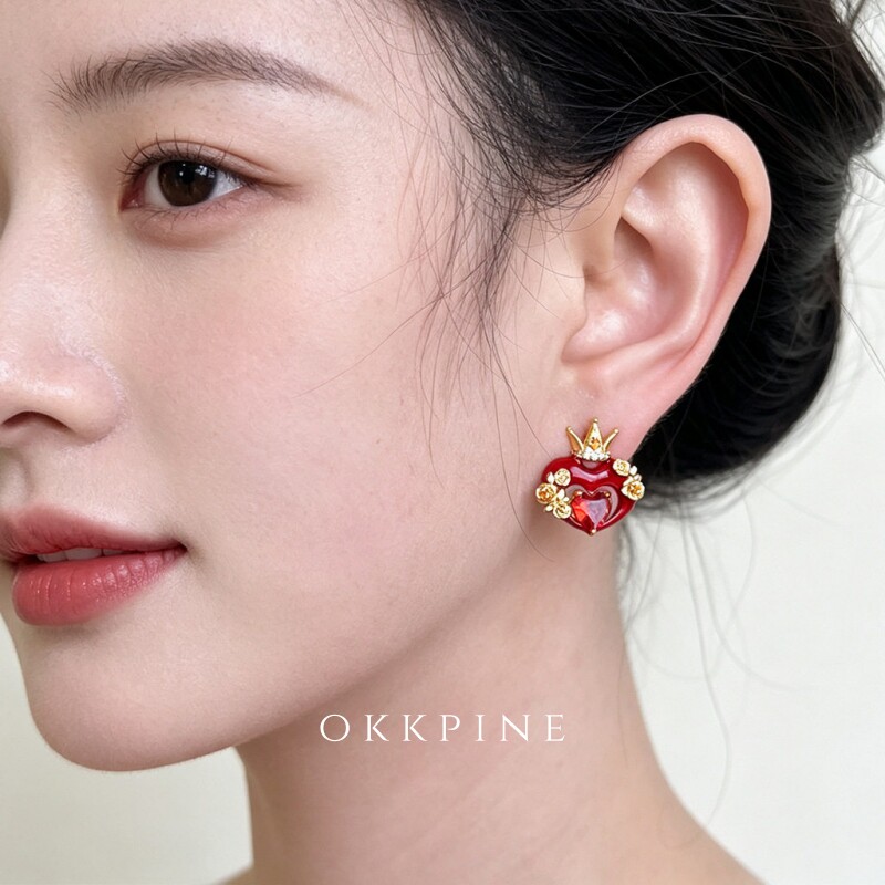 okk pine 瑰心冠梦 复古红爱心皇冠玫瑰耳钉 vintage珐琅镶钻耳环
