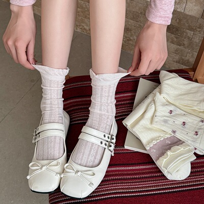 粉色袜子女夏季薄款芭蕾风堆堆袜精梳棉无骨蕾丝蝴蝶结少女JK长袜