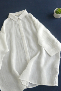 夏季新品  气质文艺褶皱苎麻七分袖宽松衬衫