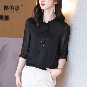 樱美嘉气质真丝上衣女短袖木耳边圆领重工刺绣设计系带桑蚕丝小衫