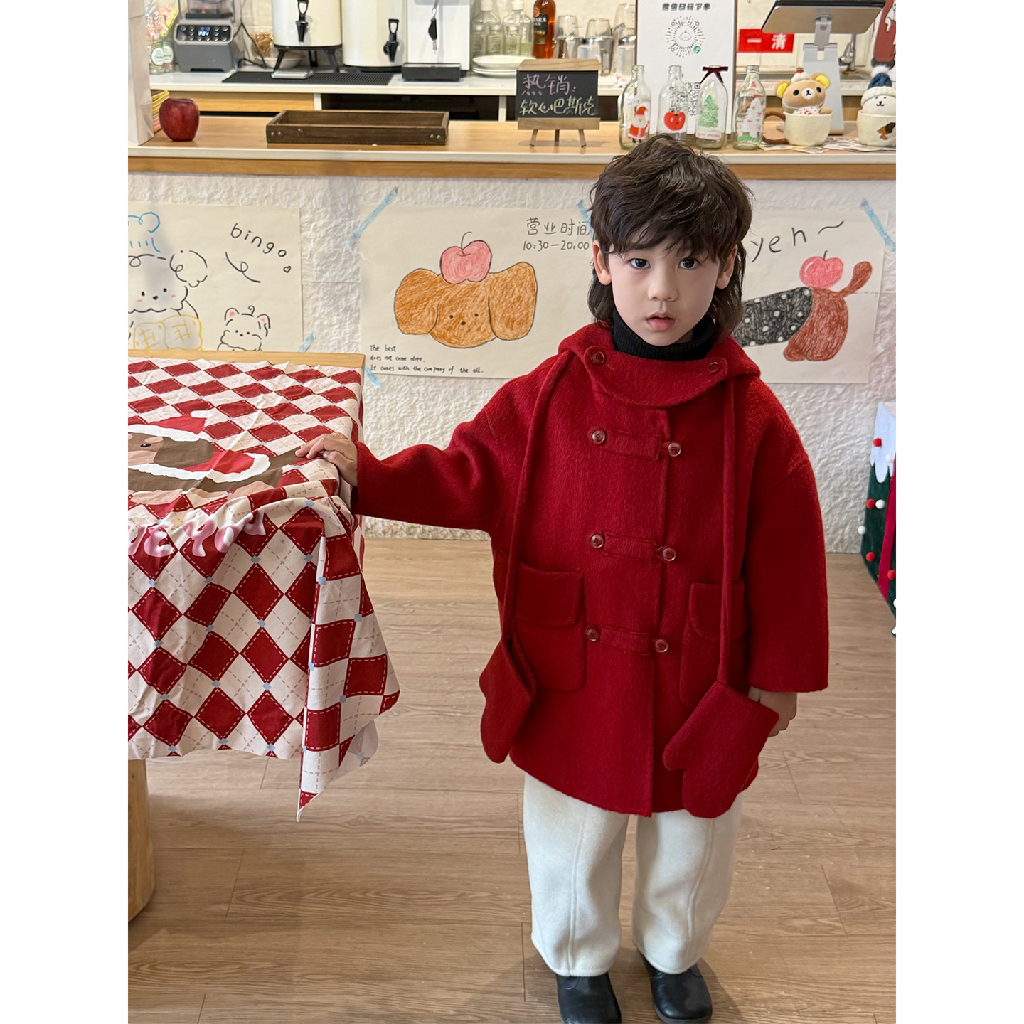 男童圣诞新年红色双面羊绒大衣
