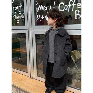 男童毛呢外套秋冬韩系童装100%羊毛翻领深灰手工双面羊绒大衣儿童