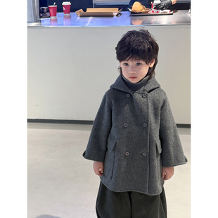 男童2025秋冬100%羊毛双面绒呢大衣加厚保暖连帽儿童毛呢外套潮童