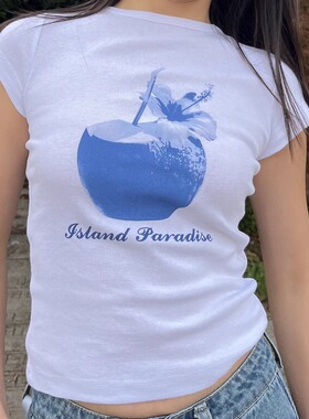 TheDINA2026春新款百搭纯棉美式辣妹修身海岛椰子印花短袖T恤女