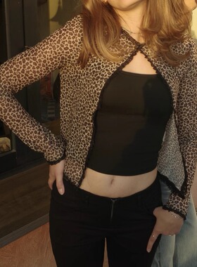 TheDINA2026春新款复古豹纹开衫野性辣妹修身蕾丝花边系带上衣女