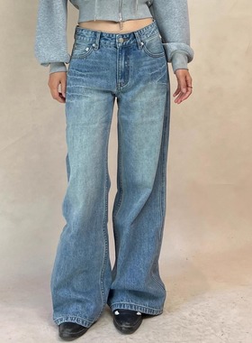 TheDINA|2025秋季新款复古街头感侧边压褶宽松直筒低腰牛仔裤女