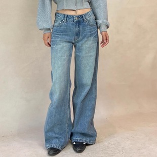 复古街头感侧边压褶宽松直筒低腰牛仔裤 新款 女 2025秋季 TheDINA
