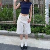 2026春季 新款 美式 TheDINA 白色五分宽松休闲直筒阔腿牛仔中裤 女