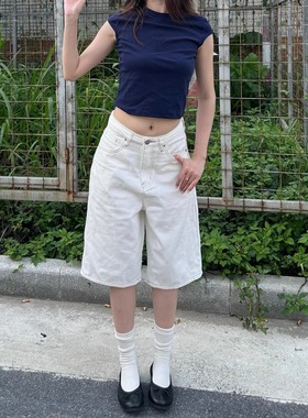 TheDINA | 2025秋季新款美式白色五分宽松休闲直筒阔腿牛仔中裤女