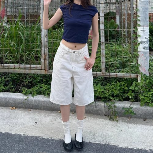 TheDINA | 2026春季新款美式白色五分宽松休闲直筒阔腿牛仔中裤女