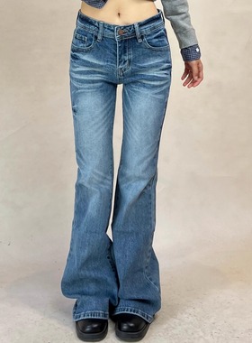 TheDINA|2025冬季新款街头美式扎染蓝色修身磨白水洗微喇牛仔裤女