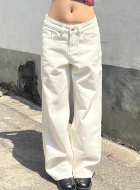 TheDINA｜2025新款美式复古垂坠感白色磨毛直筒低腰拖地牛仔裤女