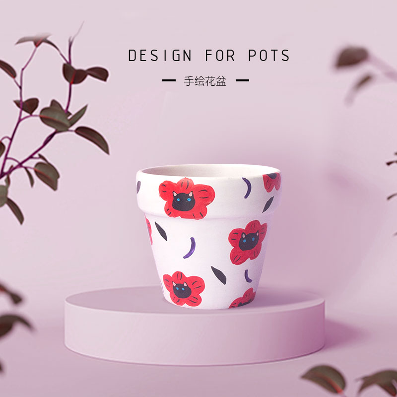 植物幻想小红花创意手绘红陶盆室内办公绿植多肉吸水透气小花盆