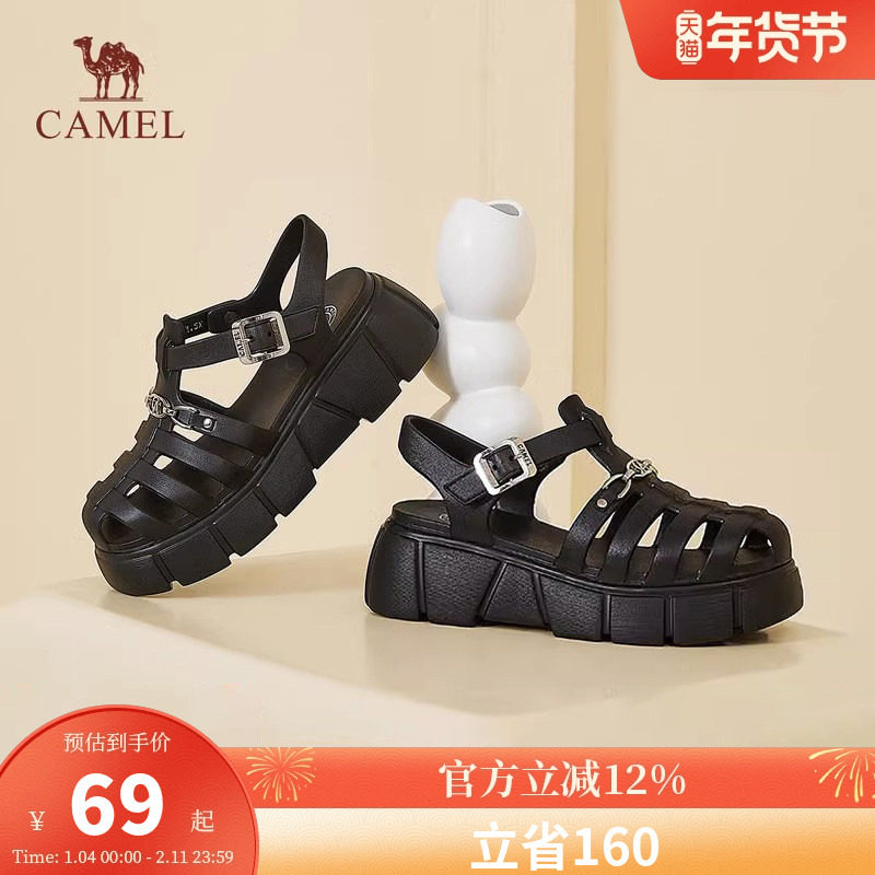 骆驼女鞋新款夏季猪笼鞋经典厚底高跟包头拖鞋女沙滩罗马凉鞋