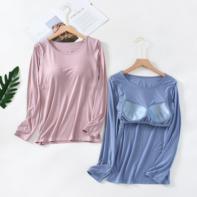 睡衣女春秋带胸垫莫代尔长袖休闲秋款居家服上衣女士秋季家居服
