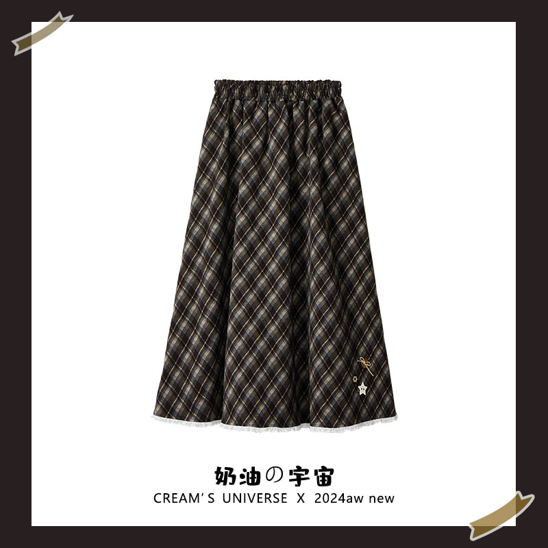 复古棕色格纹松紧腰毛呢半身裙女