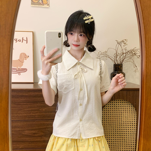女小清新学院风衬衣新款 奶油 衬衫 宇宙 绑带蝴蝶结黄色条纹短袖