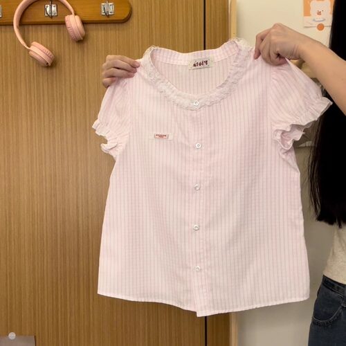 蕾丝拼接粉色条纹衬衫短袖女甜妹