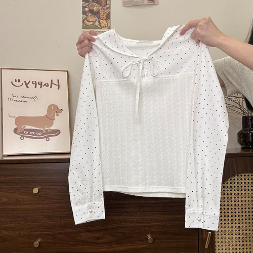 波点绑带拼接海军领衬衫长袖女