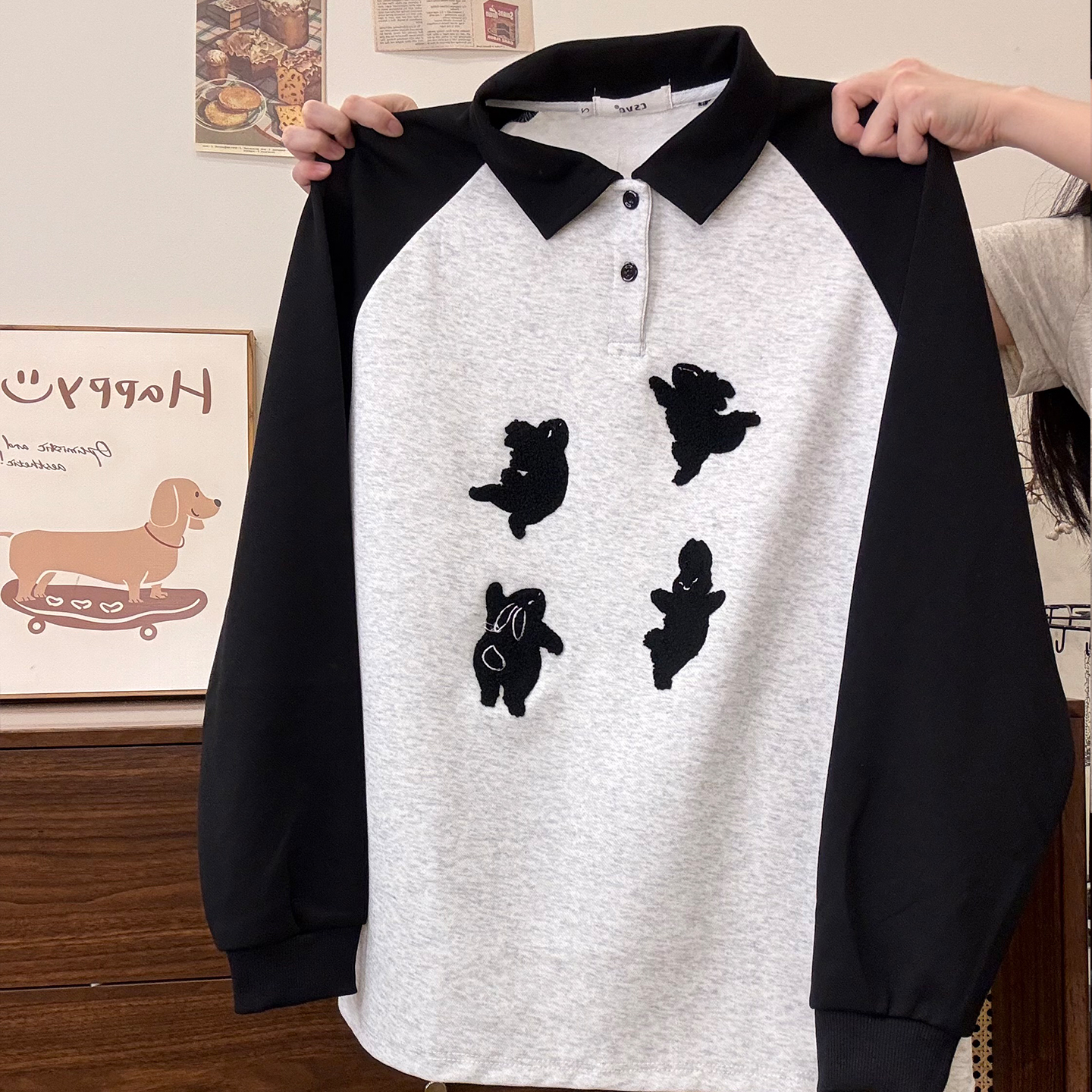 奶油的宇宙 植绒跳舞兔子插肩polo领卫衣女宽松bf学院风长袖新款