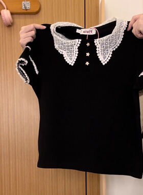 奶油的宇宙 蕾丝拼接polo领正肩短袖T恤女甜美修身黑色短上衣夏季