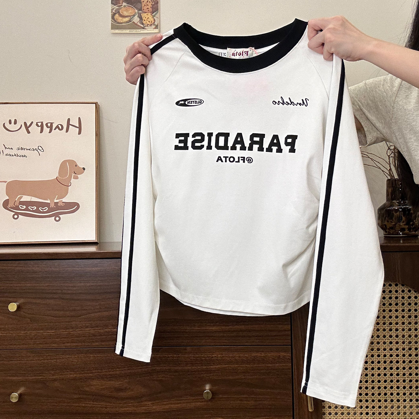 美式风字母拼色条纹内搭长袖T恤