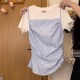 蓝色条纹吊带背心短袖 奶油 宇宙 两件套女韩系甜美木耳边短上衣