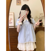 宇宙 上衣新款 蓝色格纹蕾丝娃娃衫 T恤女甜妹减龄泡泡袖 短袖 奶油