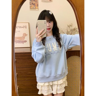 奶油的宇宙 植绒字母蓝色插肩卫衣女日系小清新百搭圆领上衣新款