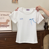 奶油 短上衣 T恤女日系甜美ins修身 宇宙 刺绣蝴蝶结白色正肩短袖