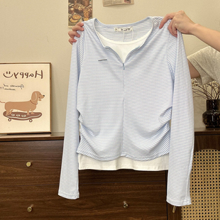T恤女小清新假两件内搭上衣 钢标字母蓝条纹半拉链长袖 奶油 宇宙