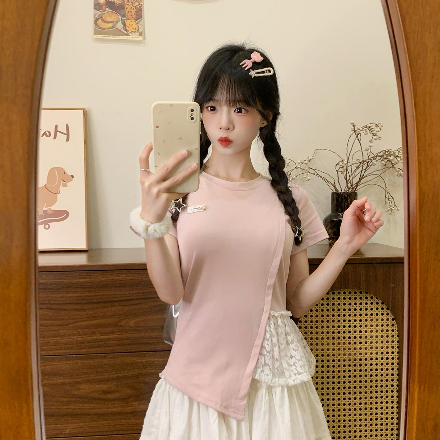 蕾丝拼接不规则正肩短袖女设计感