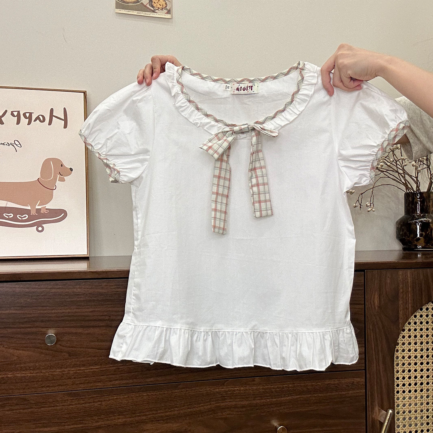 奶油的宇宙 格纹蝴蝶结荷叶边娃娃衫短袖女甜美风泡泡袖短款衬衫