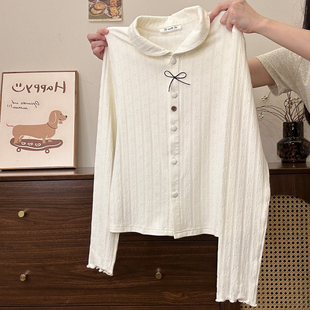 T恤女甜美修身 蝴蝶结纽扣娃娃领内搭长袖 纯色打底上衣 宇宙 奶油