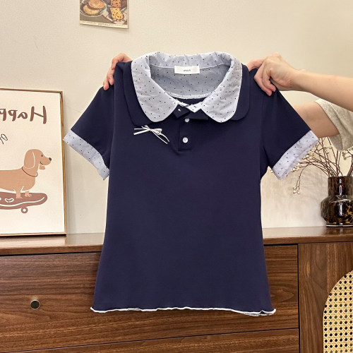 波点假两件polo正肩短袖T恤女