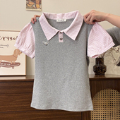 奶油 短上衣 T恤女学院风修身 宇宙 粉色条纹拼接假两件polo领短袖
